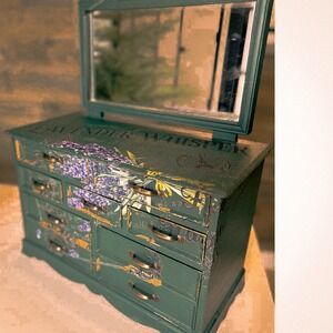 Vintage Hand Painted Jewelry Box Lavender Whisper Green Floral Mirror 7 Draw